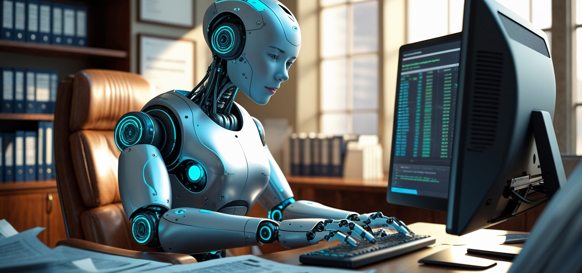  A robot sitting in an executive leather chair at a desk with its hands on a keyboard typing as an illustration of the idea that the AI document workflow automation is working for you, handling the document process flows in your organisation