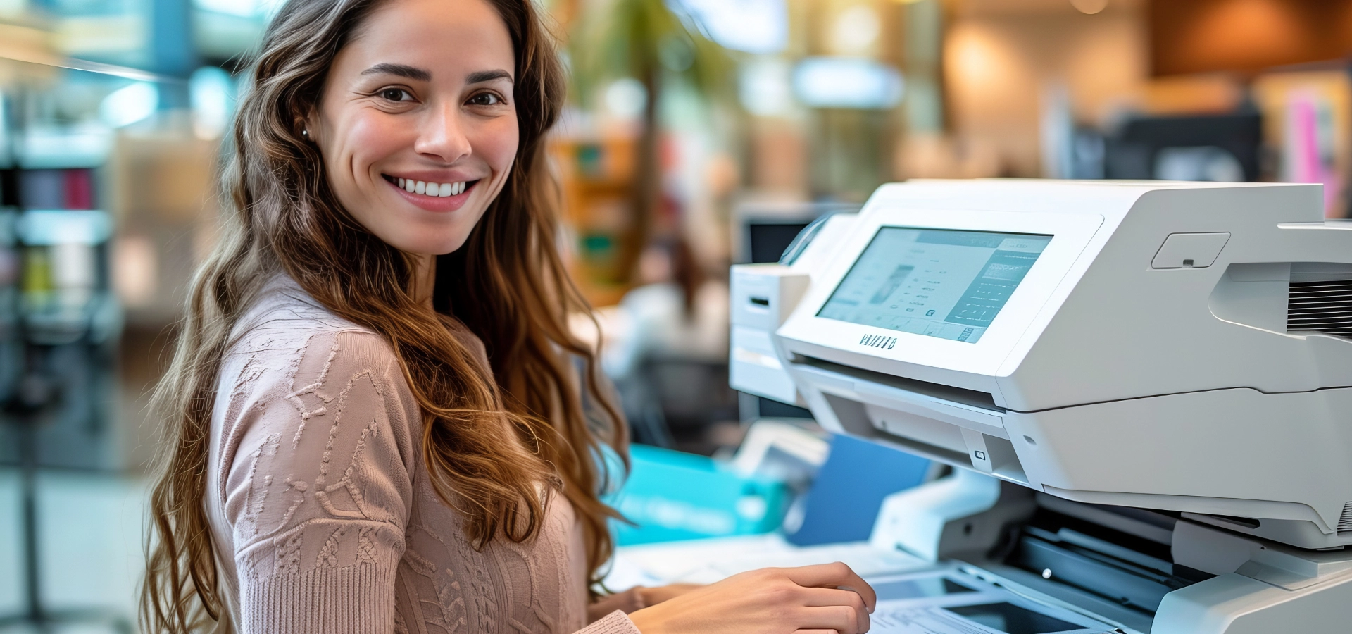 A happy scanning operator turns to face the camera in front of a rotary fed high speed scanner in a document scanning bureau, the background is blurred and shows other operators performing scanninning and data entry and validation