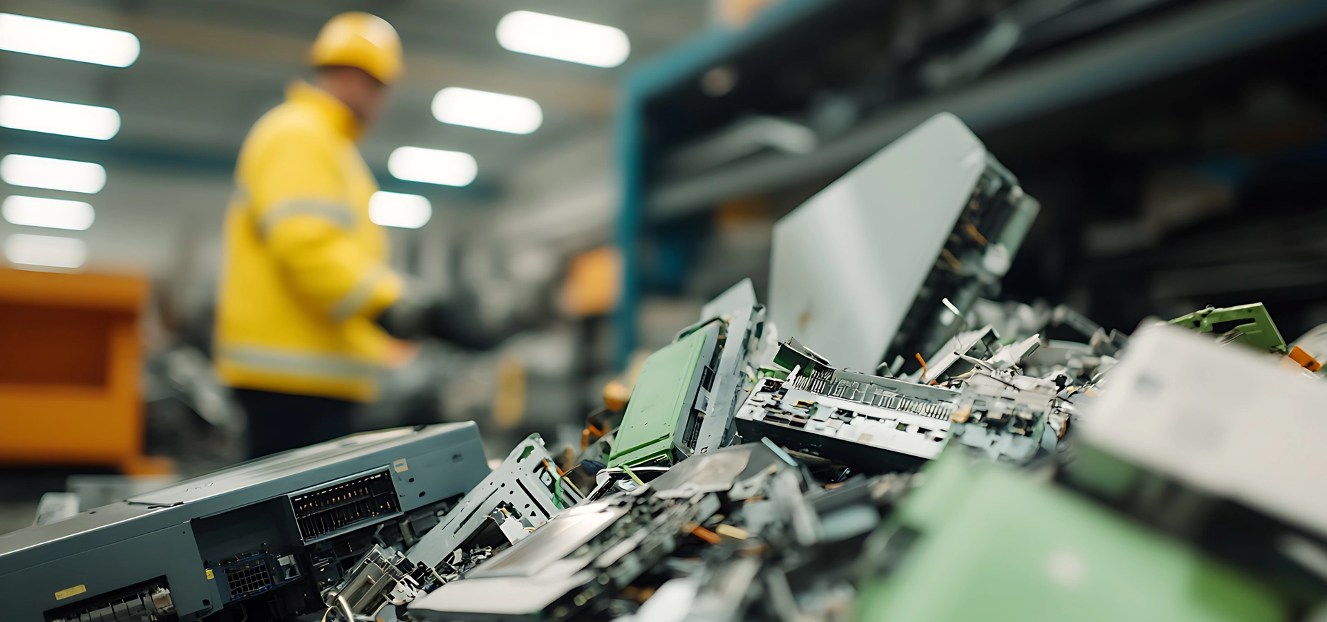 A pile of weee electronic waste components being securly disposed of with a technician in the blurred background in hi vis ppe removing hard drives ready for shredding