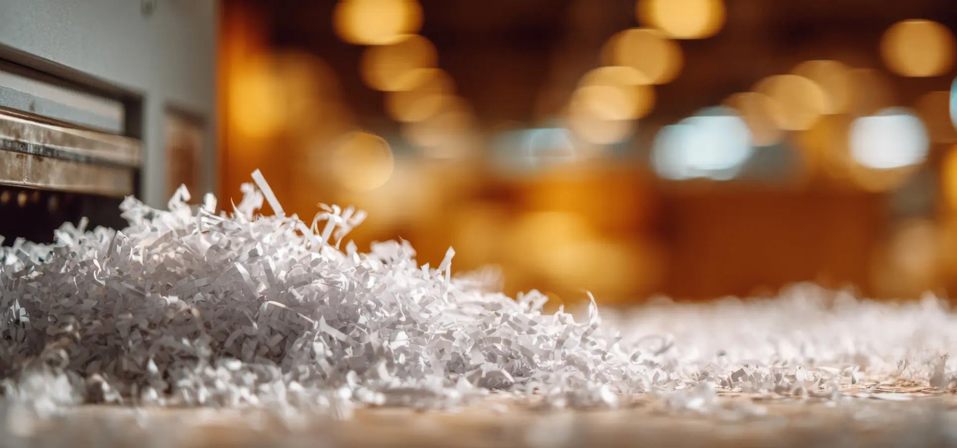 A pile of shredded paper at a shredding facility in focus with the lights in the background blurred to illustrate PaperMountains regular shredding services