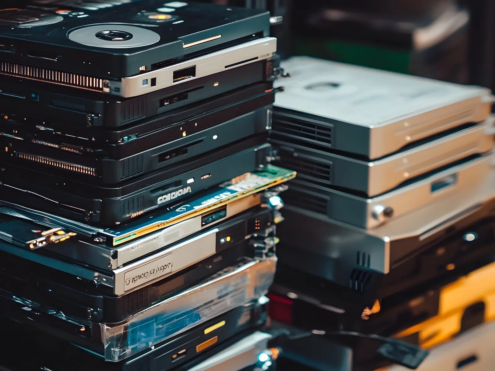 tapes and media stacked in a pile ready to be securely shredded