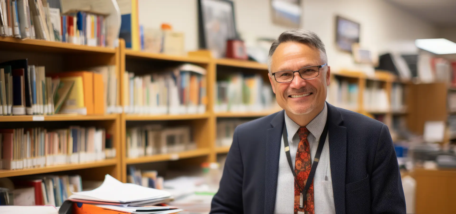 A happy teacher sitting in a school library with confidential paperwork on the desk, waiting to send it for secure shredding
