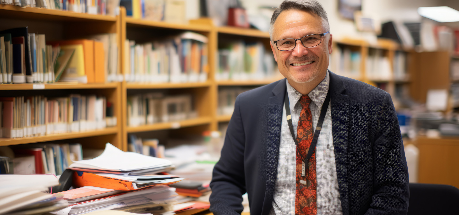 Happy Teacher Sitting In A School Library
