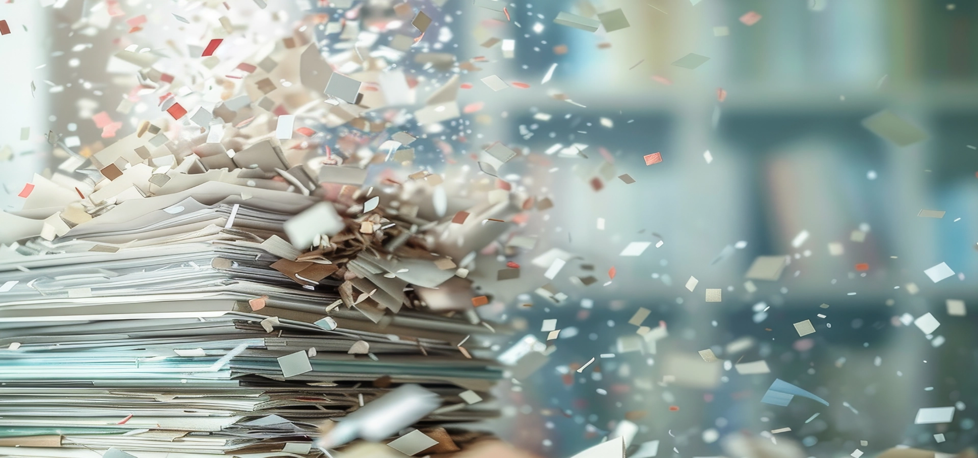 A stack of paper on a desk disintegrating into particles and flying off to illustrate paper becoming shredded