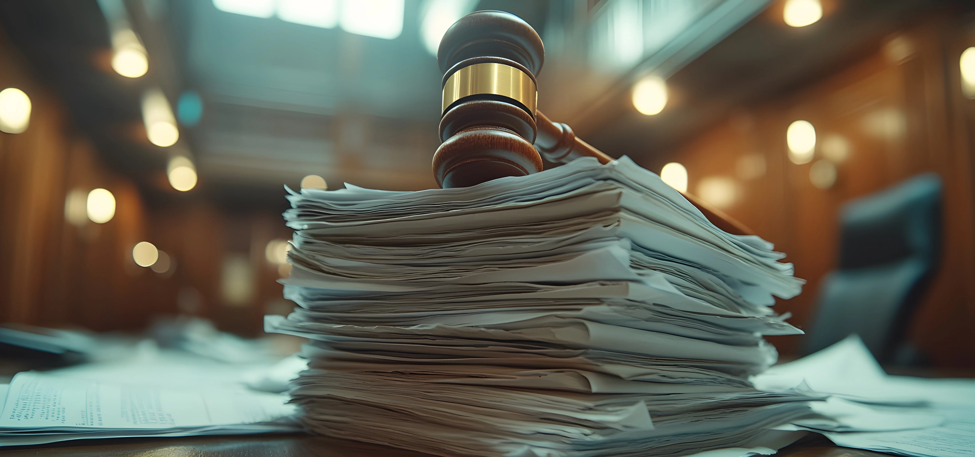 A dark gavel sits on top of a pile of legal papers on a desk in the in the foreground of a wood panneled courtroom with high ceilings showing that we offer shredding services to solicitors, barristers, judges and the legal profession in general to confidentially destroy their old legal documents
