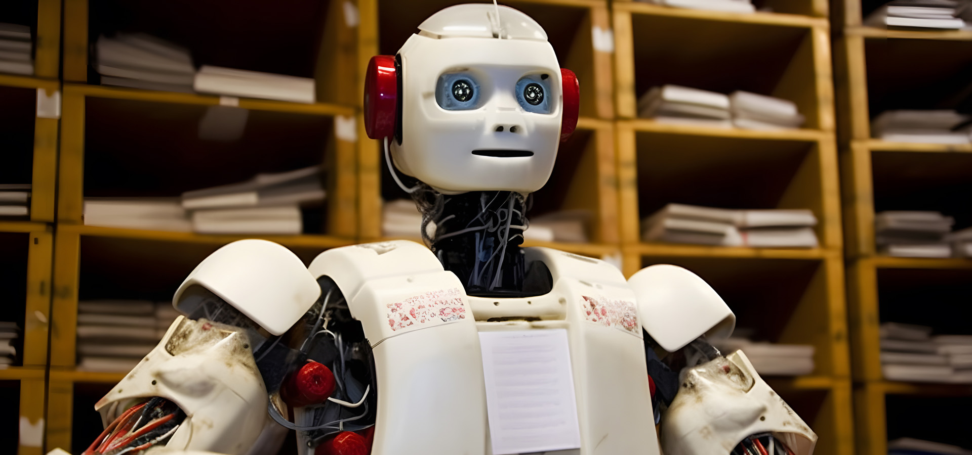 Robot next to post pidgeon holes, illustrating that after digitisation post can be managed electronically